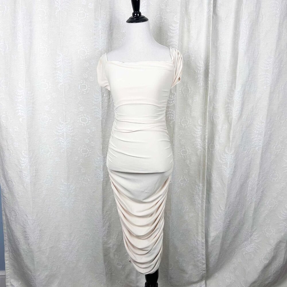 Club L London ecru ruched bodycon midi dress